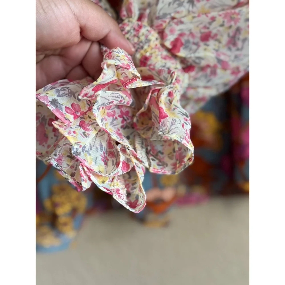 Jodifl Women Floral Patchwork Boho Babydoll Blouse Balloon Sleeve Blue Pink M